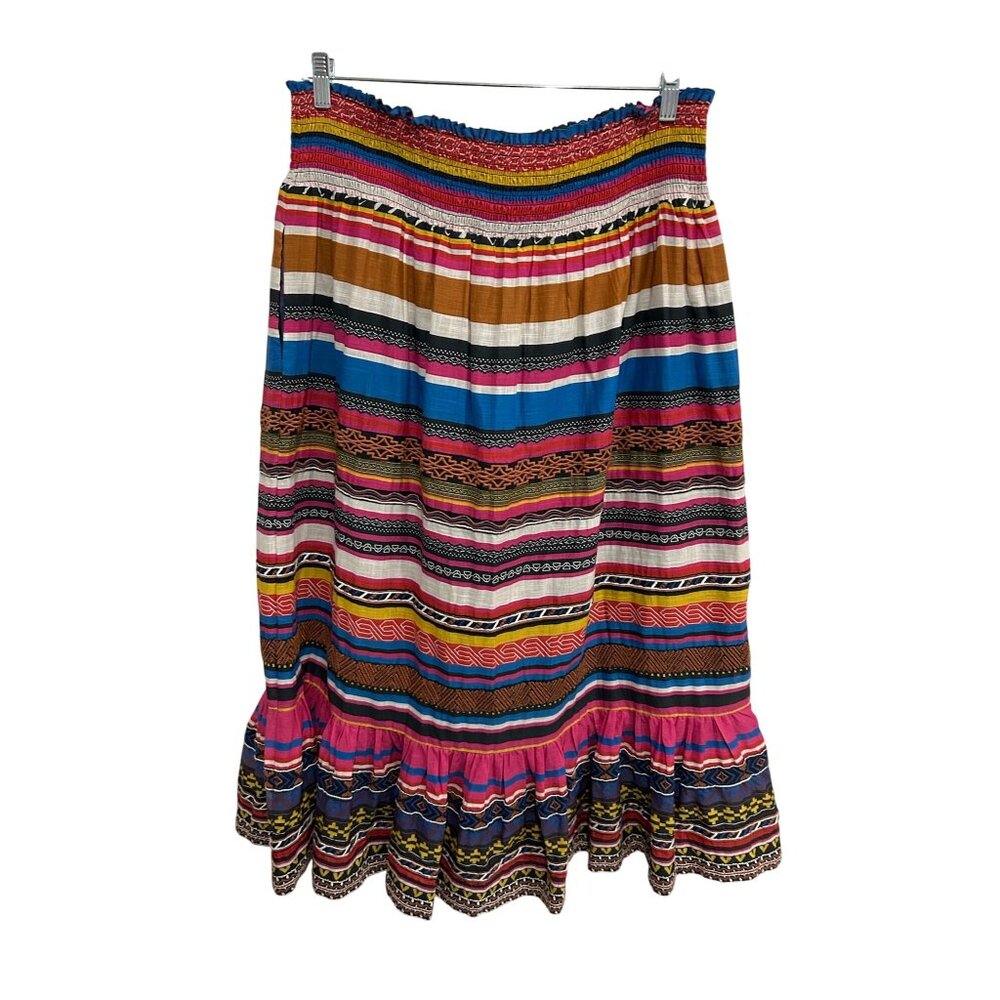 Anthropologie NWT Womens Striped Colorful Cotton Midi Skirt With Ruffled Hem & E